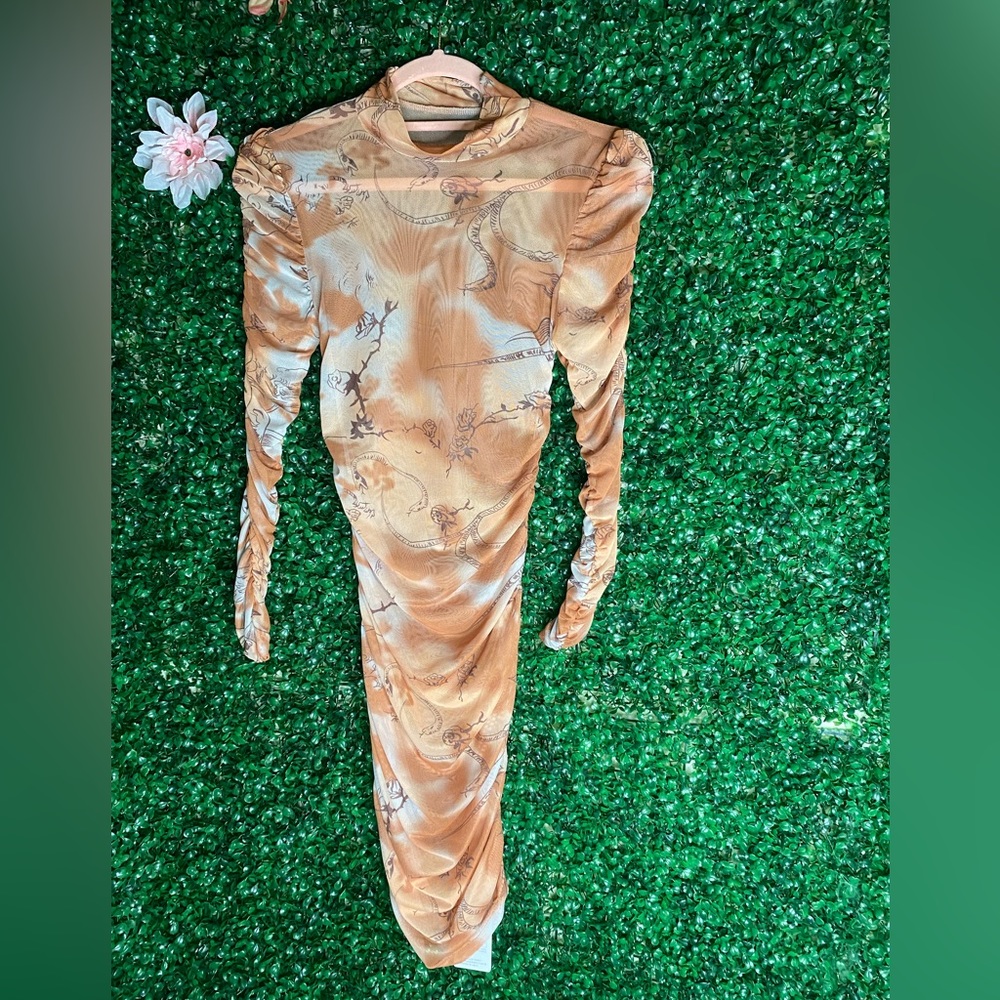 Tan Mesh Long Sleeve Ruched Dress